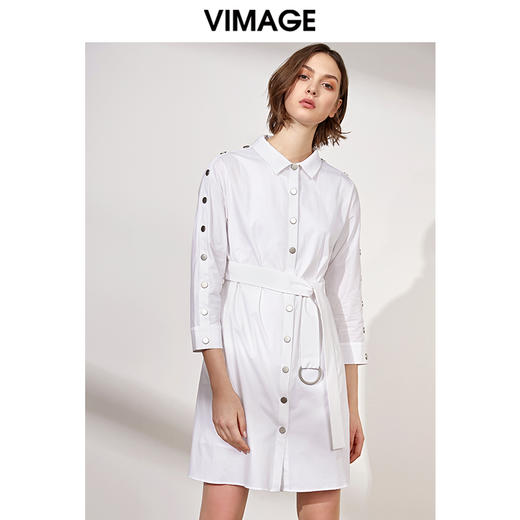 VIMAGE纬漫纪春季金属扣门襟收腰气质韩版衬衫白色连衣裙V1107707 商品图1