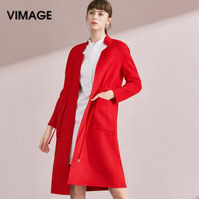 VIMAGE纬漫纪品牌女装冬季系带修身毛呢外套女中长款V1014618