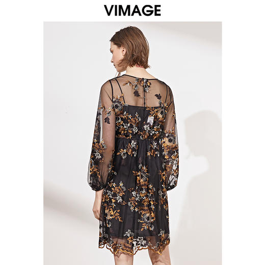 VIMAGE纬漫纪春装款女高腰长袖网纱蕾丝很仙的法国小众连衣裙V1107703 商品图3