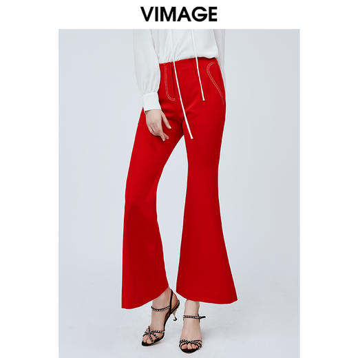 vimage纬漫纪春夏季高腰显瘦百搭微喇裤休闲裤红色长裤V1105708 商品图1