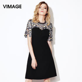 VIMAGE纬漫纪春秋新款蕾丝镂空裹胸拼接连衣裙收腰短袖A字裙V807435