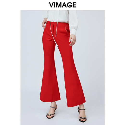 vimage纬漫纪春夏季高腰显瘦百搭微喇裤休闲裤红色长裤V1105708 商品图0