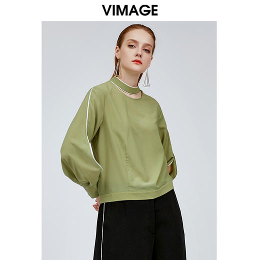 vimage纬漫纪新款心机衬衫设计感超仙女豆绿色挂脖衬衫女衬衣V1113705 商品图2