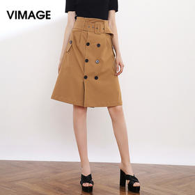 VIMAGE纬漫纪品牌女装秋款大码休闲半身裙女高腰英伦系带中裙V906506
