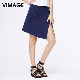VIMAGE纬漫纪旗舰店春夏裙子 千羽翼装饰侧开叉百搭半裙V706310
