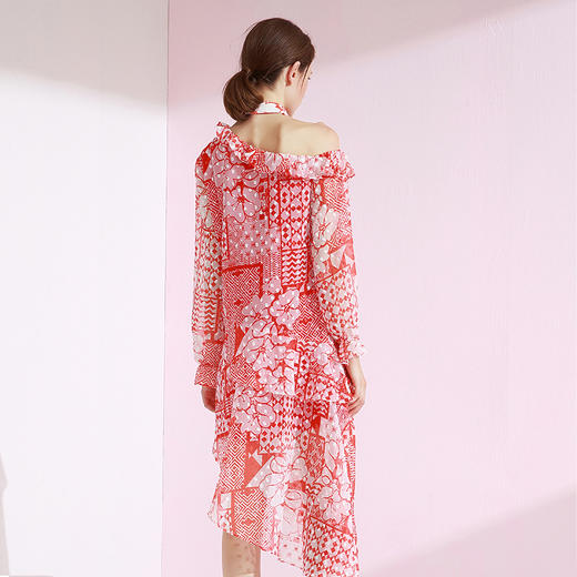 VIMAGE纬漫纪女装秋季新品高腰大码碎花不规则裙中长连衣裙V1007602 商品图3