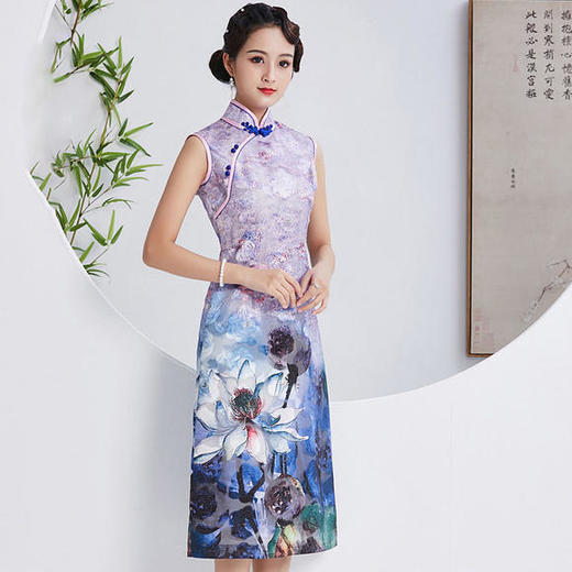qc1697638新款真丝修身立领中袖旗袍