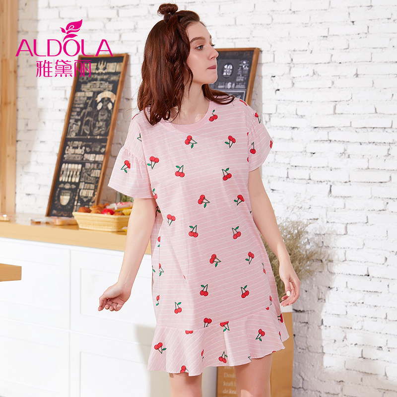 雅黛丽夏款新品卡通印花棉质睡衣女中长款睡裙家居服多色DYJ91011