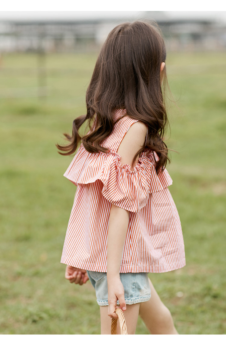 ①茵曼童装夏季女童t恤儿童小女孩潮短袖荷叶边露肩薄上衣