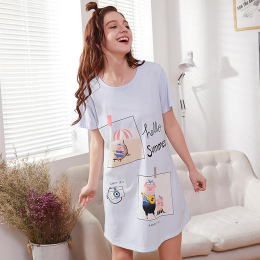 雅黛丽夏款新品卡通印花棉质睡衣女中长款睡裙家居服多色DYJ91011 商品图2
