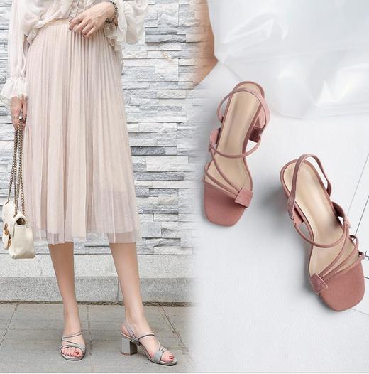 【服饰鞋包】皮凉鞋女粗跟粉色百搭方头高跟鞋灰色韩版 商品图0