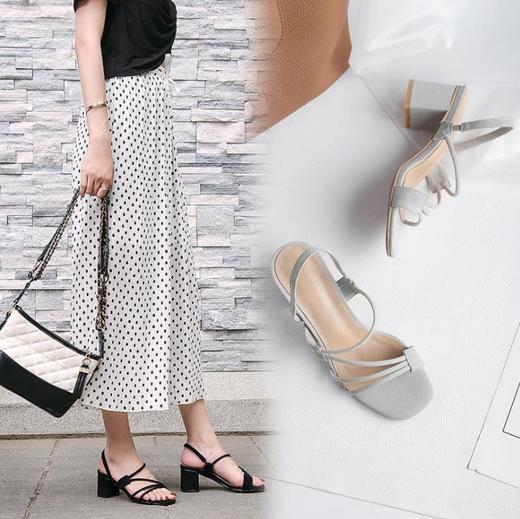 【服饰鞋包】皮凉鞋女粗跟粉色百搭方头高跟鞋灰色韩版 商品图1