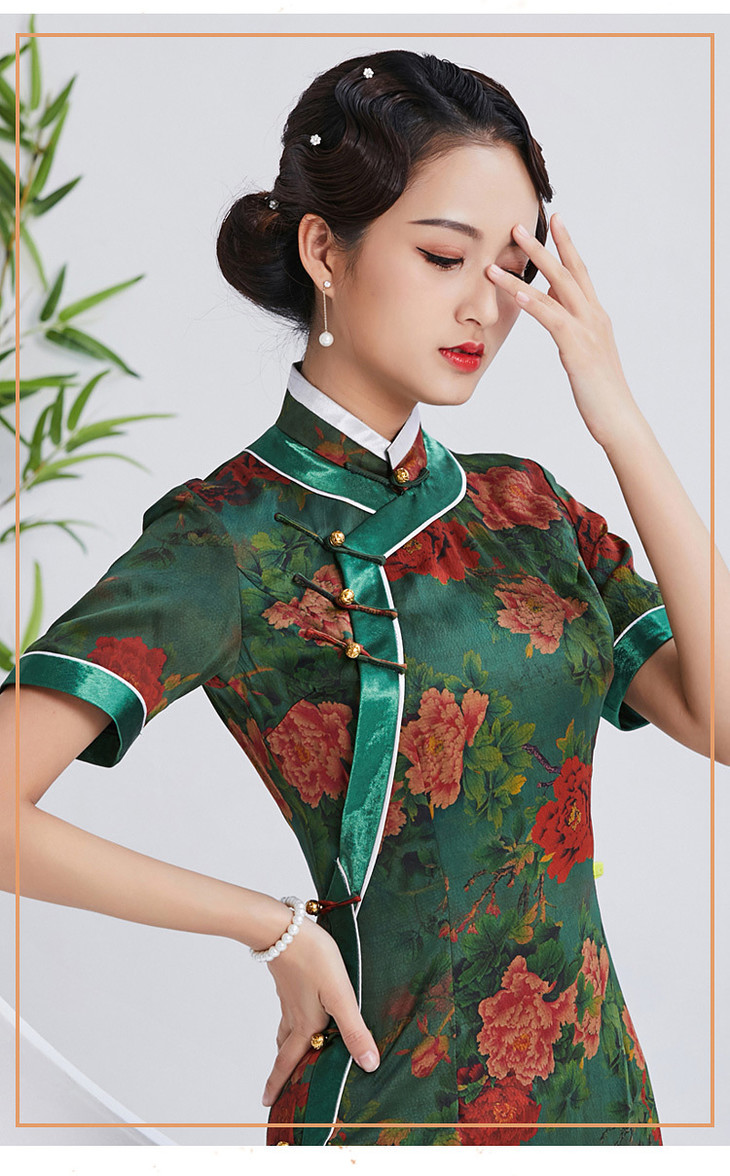 qc1697618真丝长款香云纱边手工盘扣半袖旗袍裙