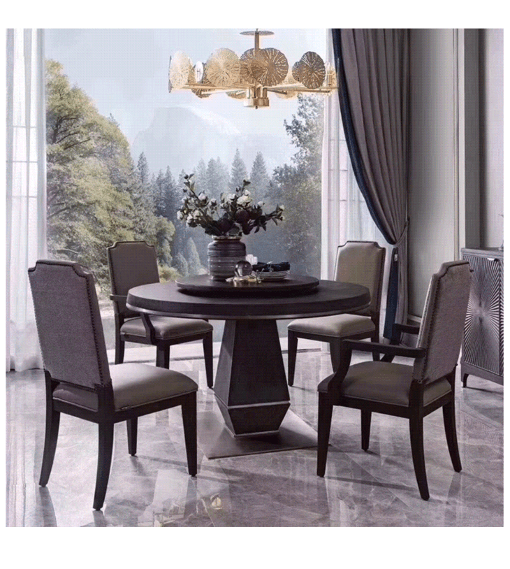 圣蒂斯堡洛卡美式全实木轻奢圆餐桌椅组合带转盘旋转功能ct2206