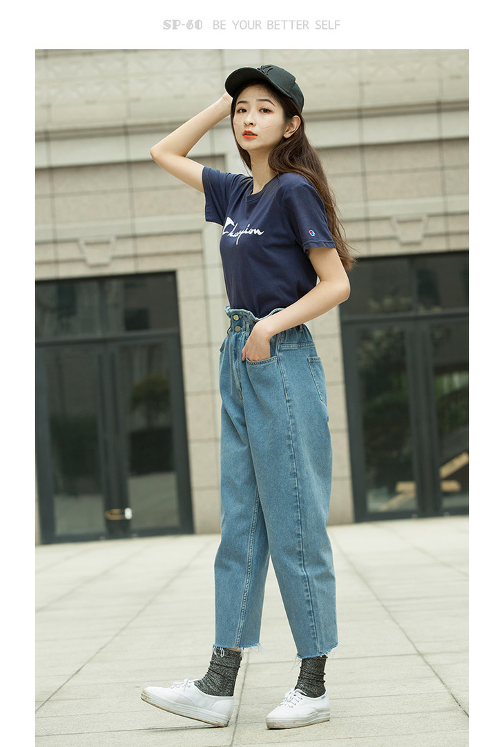 knz099sp68高腰牛仔裤女松紧带2019年夏款花苞裤阔腿裤直筒裤长裤显高