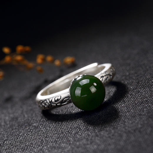 YLY-S990足银复古哑光和田碧玉圆珠镶嵌戒指TZW 商品图2