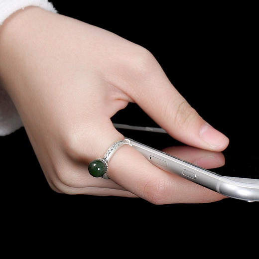 YLY-S990足银复古哑光和田碧玉圆珠镶嵌戒指TZW 商品图4