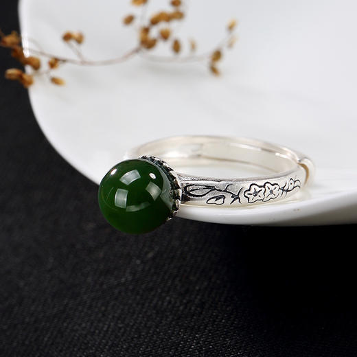 YLY-S990足银复古哑光和田碧玉圆珠镶嵌戒指TZW 商品图1