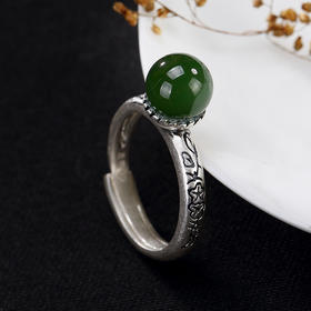 YLY-S990足银复古哑光和田碧玉圆珠镶嵌戒指TZW
