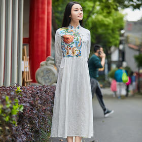 F-IS9119	 原创民族风长袖棉麻刺绣a字大摆裙连衣裙