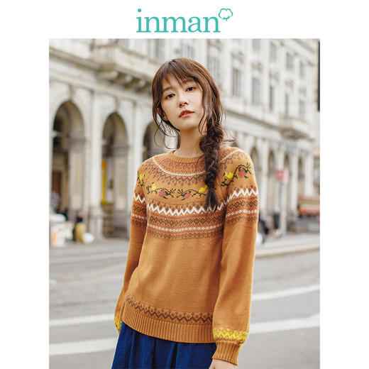 茵曼女装春秋新品圆领文艺复古提花灯笼袖小清新毛衣女套头慵懒风