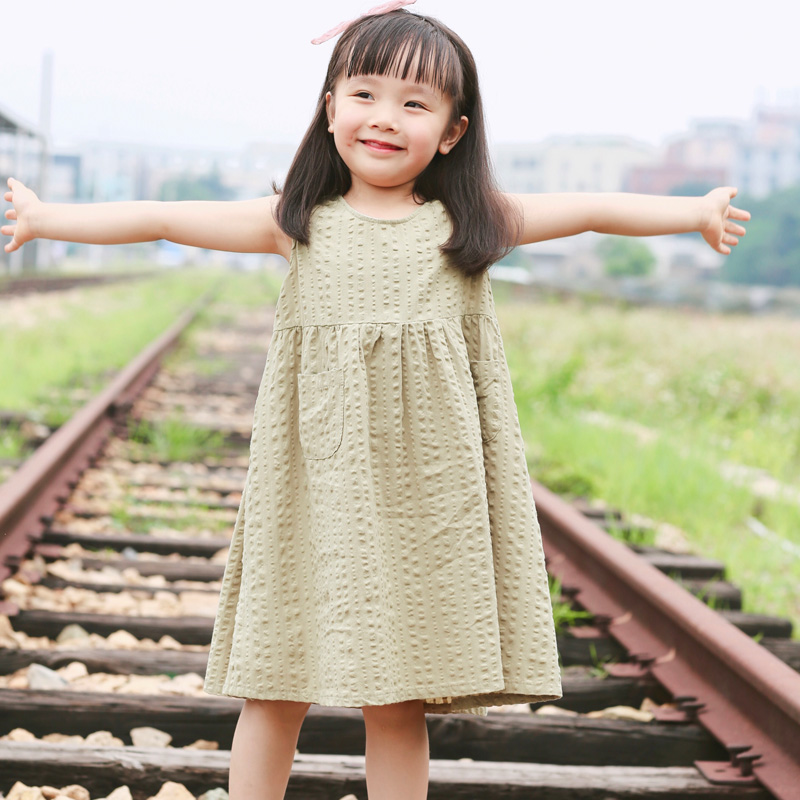 QZ LM19191 女童米色/绿色连衣裙