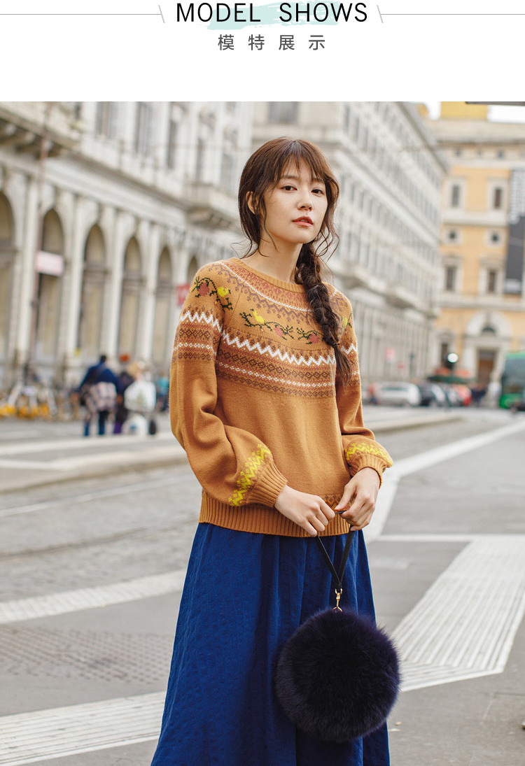 茵曼女装春秋新品圆领文艺复古提花灯笼袖小清新毛衣女套头慵懒风