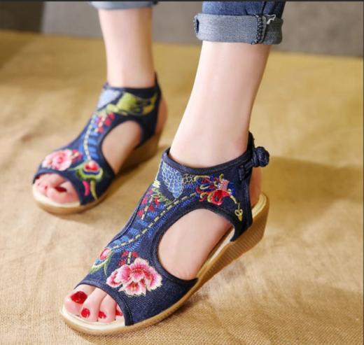 亚麻高帮鱼嘴民族风绣花凉鞋