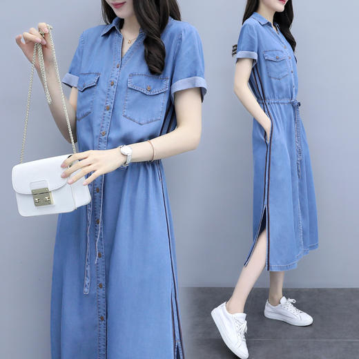 服装女装2019夏季新品中长款连衣裙女牛仔短袖休闲开叉衬衫长裙8805