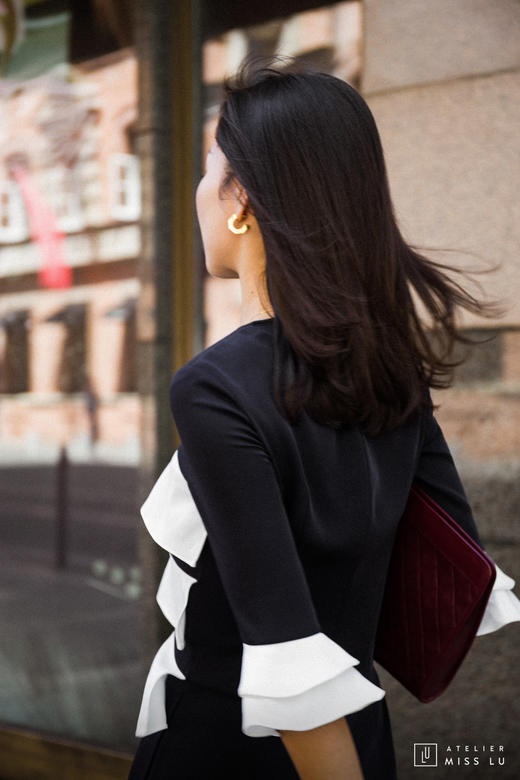 AtelierMissLu / Liz-藏青拼色荷叶边装饰连身裙 商品图1