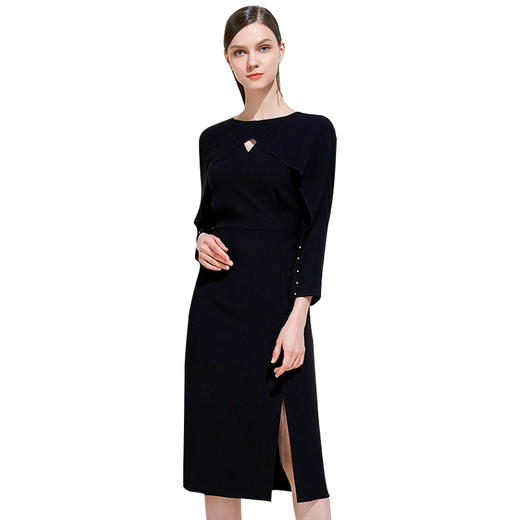 EITIE爱特爱女装春夏季钉珠收腰开衩赫本风优雅小黑色连衣裙5907644 商品图4