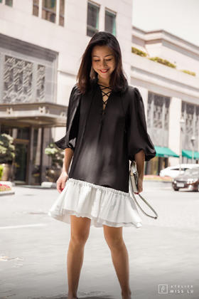 AtelierMissLu / Jeanne-黑色真丝系带百褶拼接连身裙