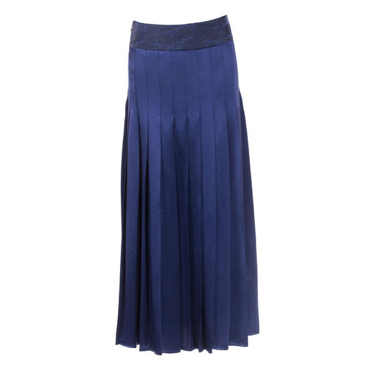 林栖设计小店秋季女装新品深蓝色中腰百褶半身裙复古气质中长裙子