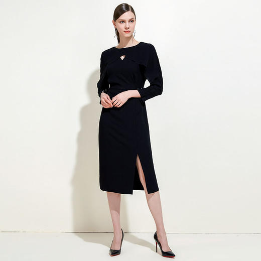 EITIE爱特爱女装春夏季钉珠收腰开衩赫本风优雅小黑色连衣裙5907644 商品图1