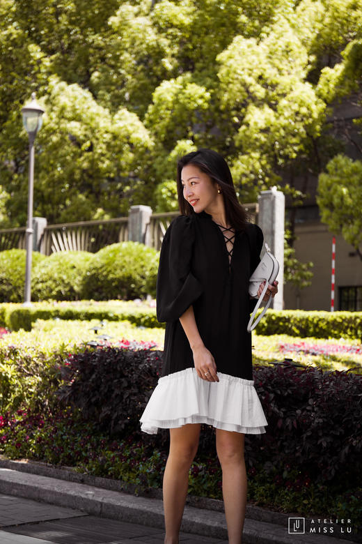 AtelierMissLu / Jeanne-黑色真丝系带百褶拼接连身裙 商品图5