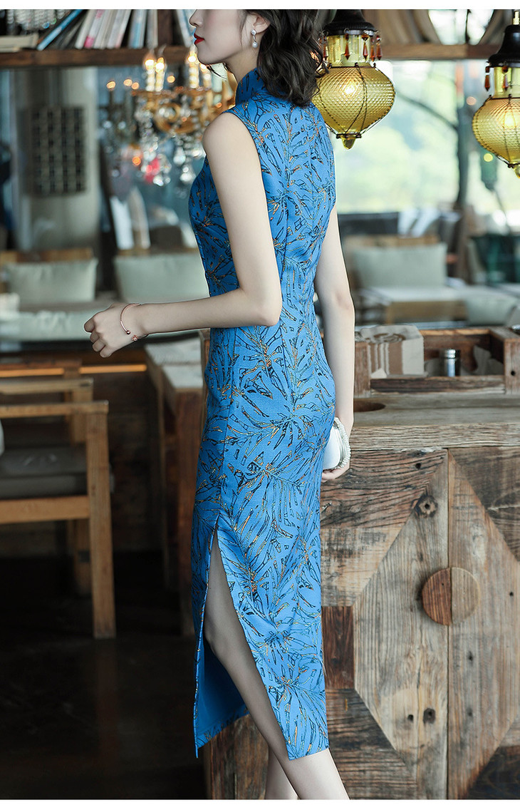 oy90151新款时尚优雅印花无袖修身旗袍