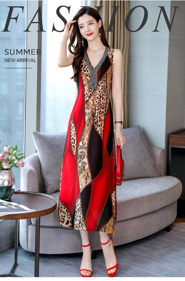 cq lnsn9280优雅v领拼接淑女无袖雪纺连衣裙【优】