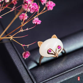 18K玫瑰金和田玉（白玉）戒指--金狐（戒指圈口请备注留言）