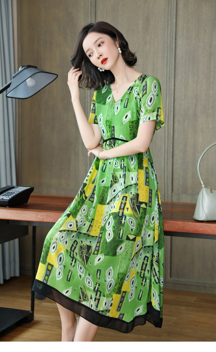 tc14918碎花真丝高腰过膝桑蚕丝连衣裙