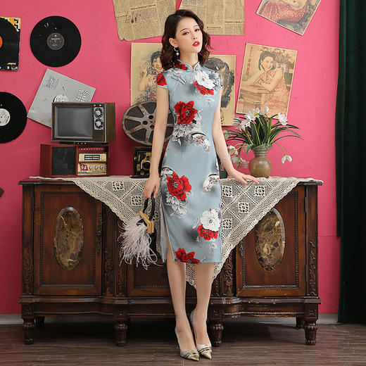 ZA  含苞待放 中长款印花双层旗袍 商品图2