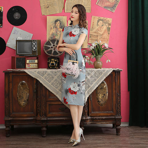 ZA  含苞待放 中长款印花双层旗袍 商品图4
