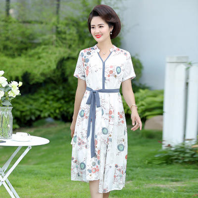 XK BV19227 2019新款妈妈连衣裙夏网纱收腰五分袖喇叭袖鸡心领裙领高腰显瘦 商品图1