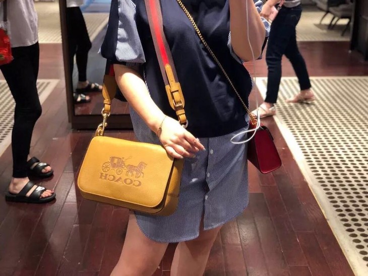 coach蔻驰新款纯皮马拉车邮差包彩虹编织肩带