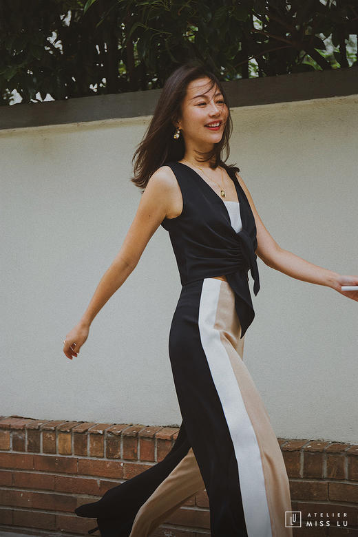 AtelierMissLu / Amira-三色拼接开衩阔腿裤 商品图4