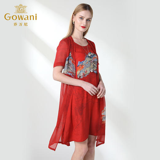 乔万尼夏假两件中国风印花宽松喜宴红真丝桑蚕丝连衣裙女EN2E615 商品图2