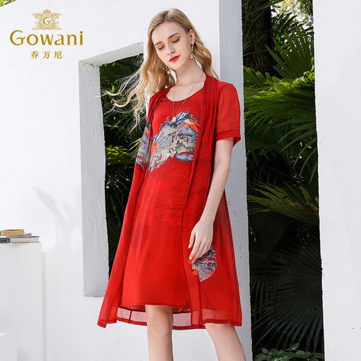 乔万尼夏假两件中国风印花宽松喜宴红真丝桑蚕丝连衣裙女EN2E615 商品图1