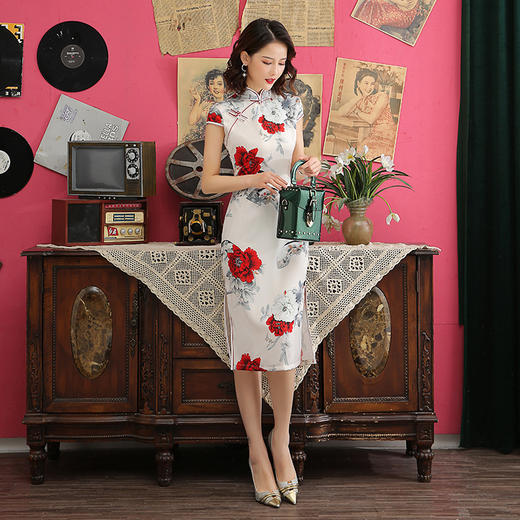ZA  含苞待放 中长款印花双层旗袍 商品图1