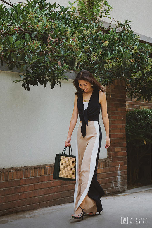 AtelierMissLu / Amira-三色拼接开衩阔腿裤 商品图2