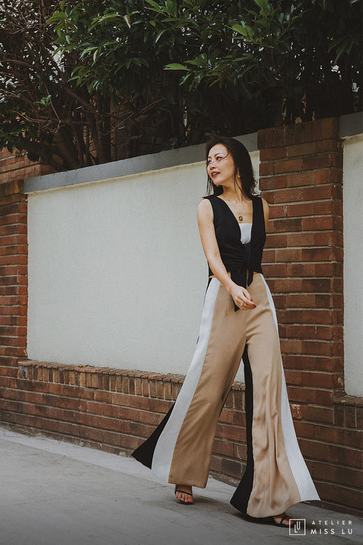 AtelierMissLu / Amira-三色拼接开衩阔腿裤 商品图0