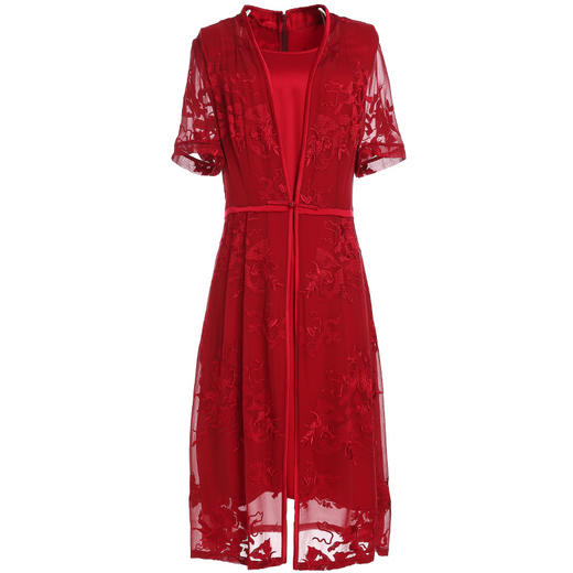 乔万尼夏红装喜宴假两件刺绣修身收腰真丝桑蚕丝连衣裙女EN2E551 商品图4